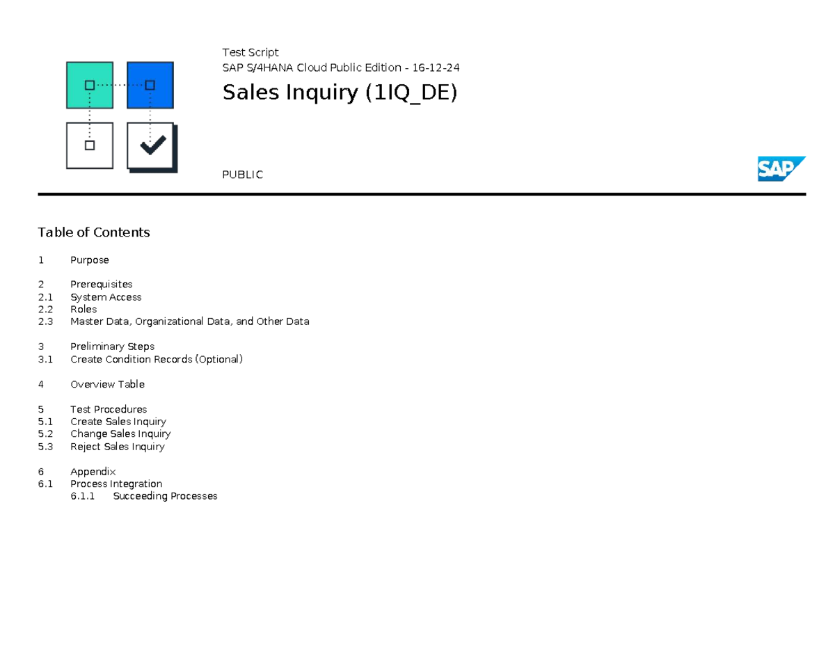 Test Script for Sales Inquiry Process (1IQ_DE) in SAP Cloud - Studocu