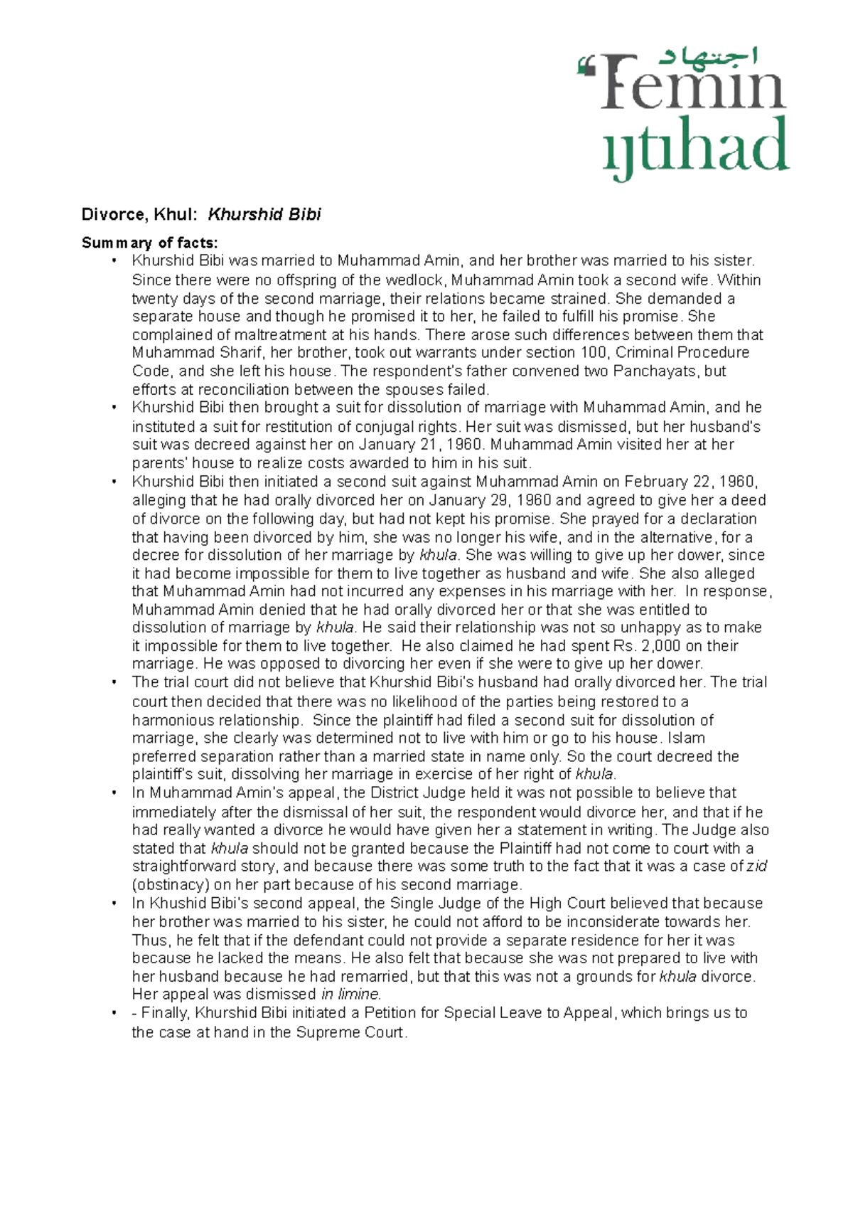 Divorce Case Study: Khurshid Bibi v Muhammad Amin (P.L.D. 1967) - Studocu