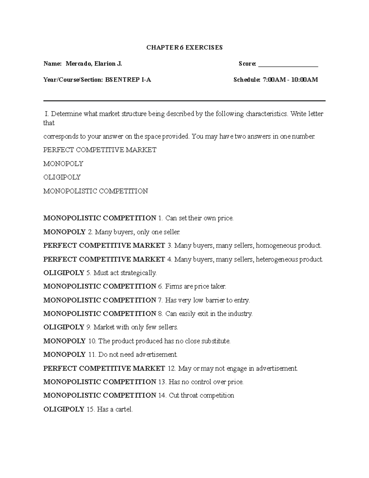 Activity 6: Identifying Market Structures in Economics (BSENTREP I-A ...