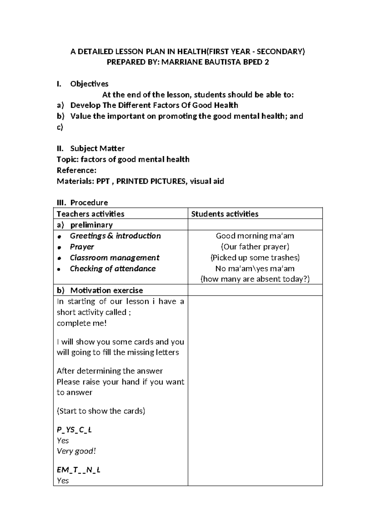 Health Lesson Plan Objectives - BPED 2 - Studocu