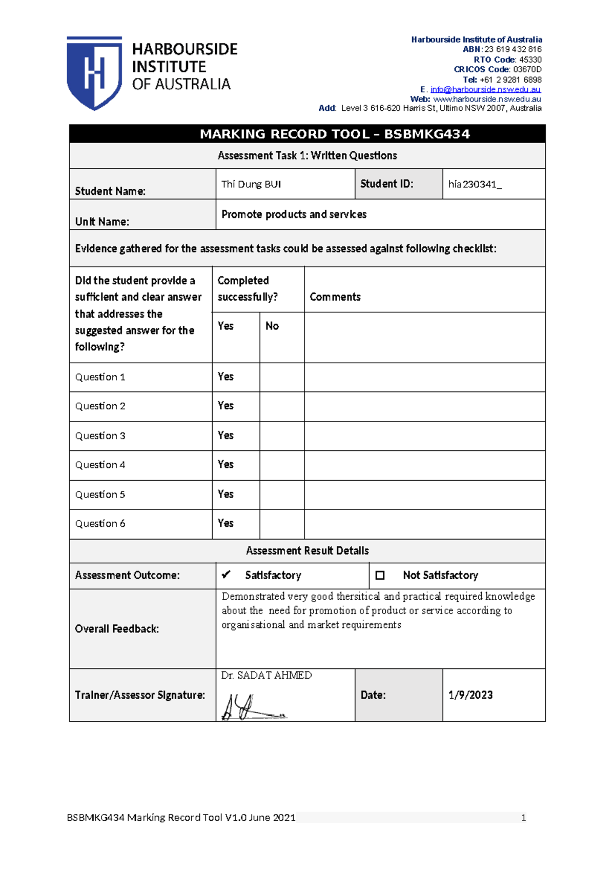 BSBMKG - Assessment Task 1 Marking Record Tool for Written Questions ...