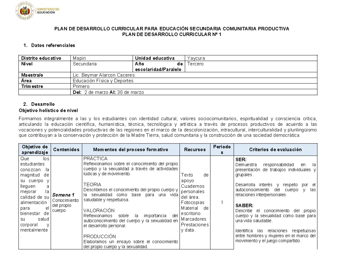PLAN DE DESARROLLO CURRICULAR Nº 1 - EDUCACIÓN SECUNDARIA COMUNITARIA ...