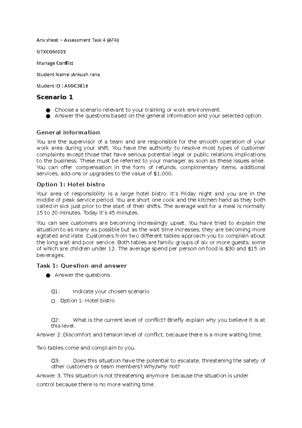 answersheet4 of - Ans sheet – Assessment Task 4 (AT4) SITXCOM Manage ...