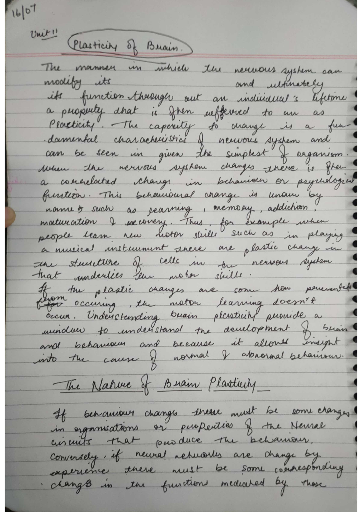 Neuropsychology notes handwritten - Unit!! Plasticity of Brain The ...