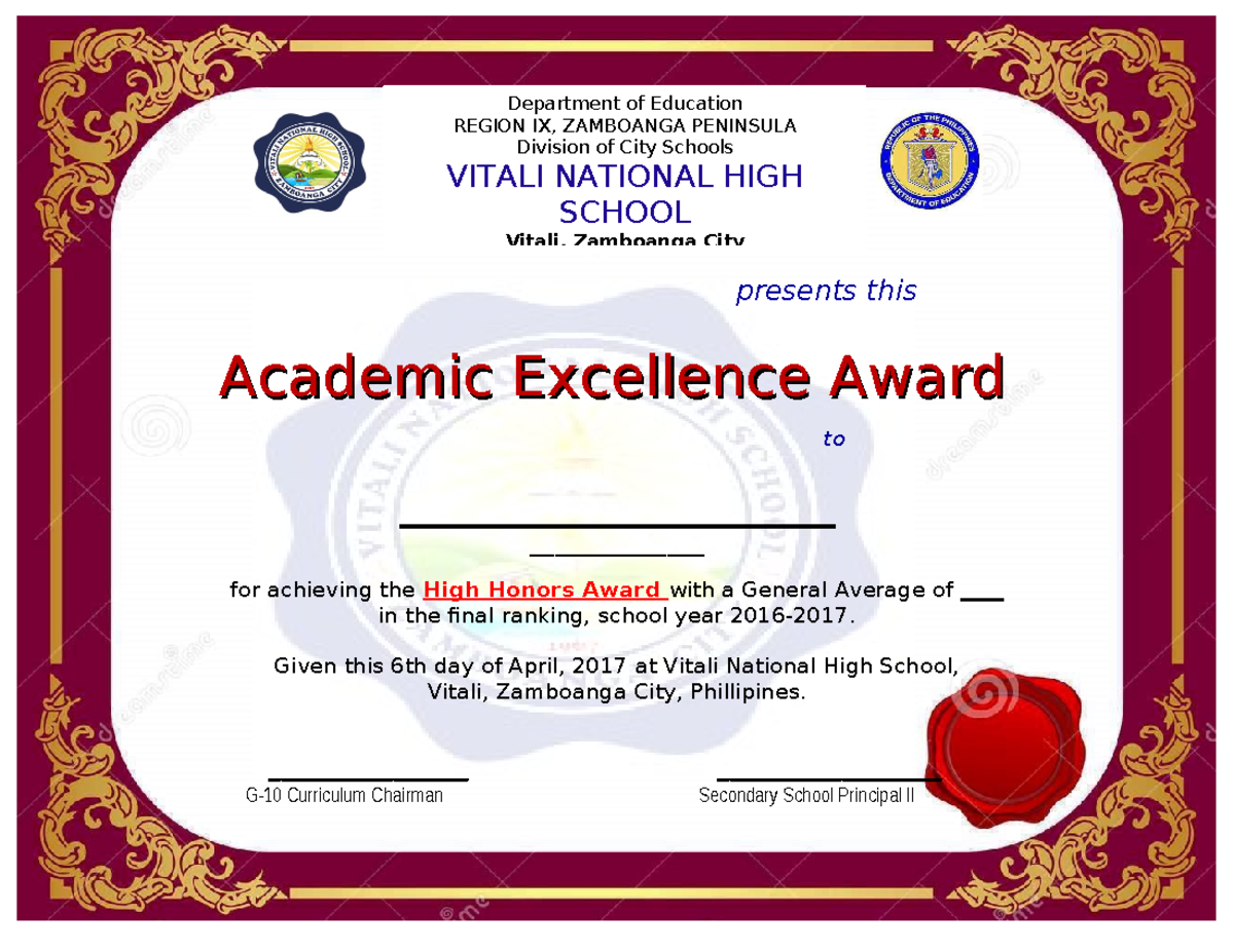 Certificate Of Academic Excellence Award Deped
