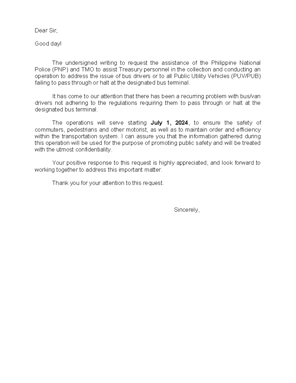 Request Letter for PNP Assistance on Public Utility Vehicle Compliance ...