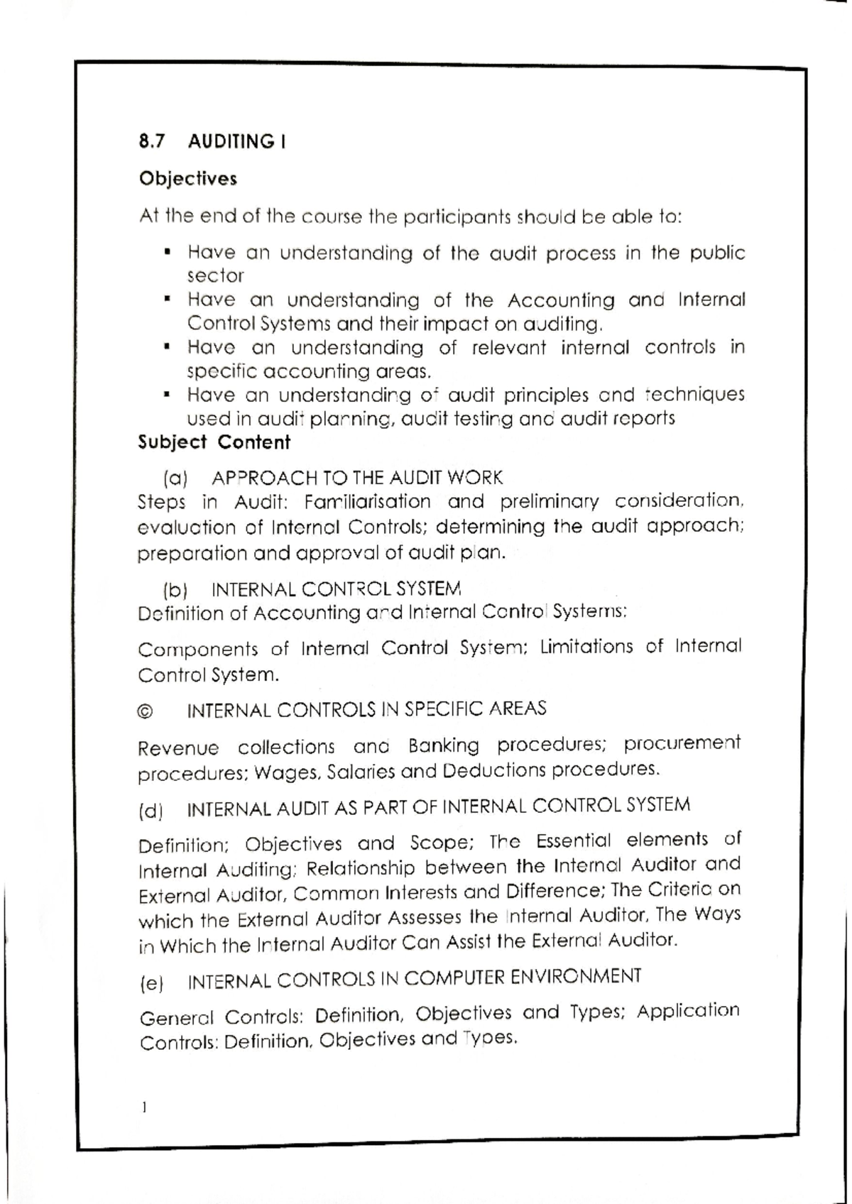 Auditing Course Outline: Key Objectives and Internal Control Systems ...