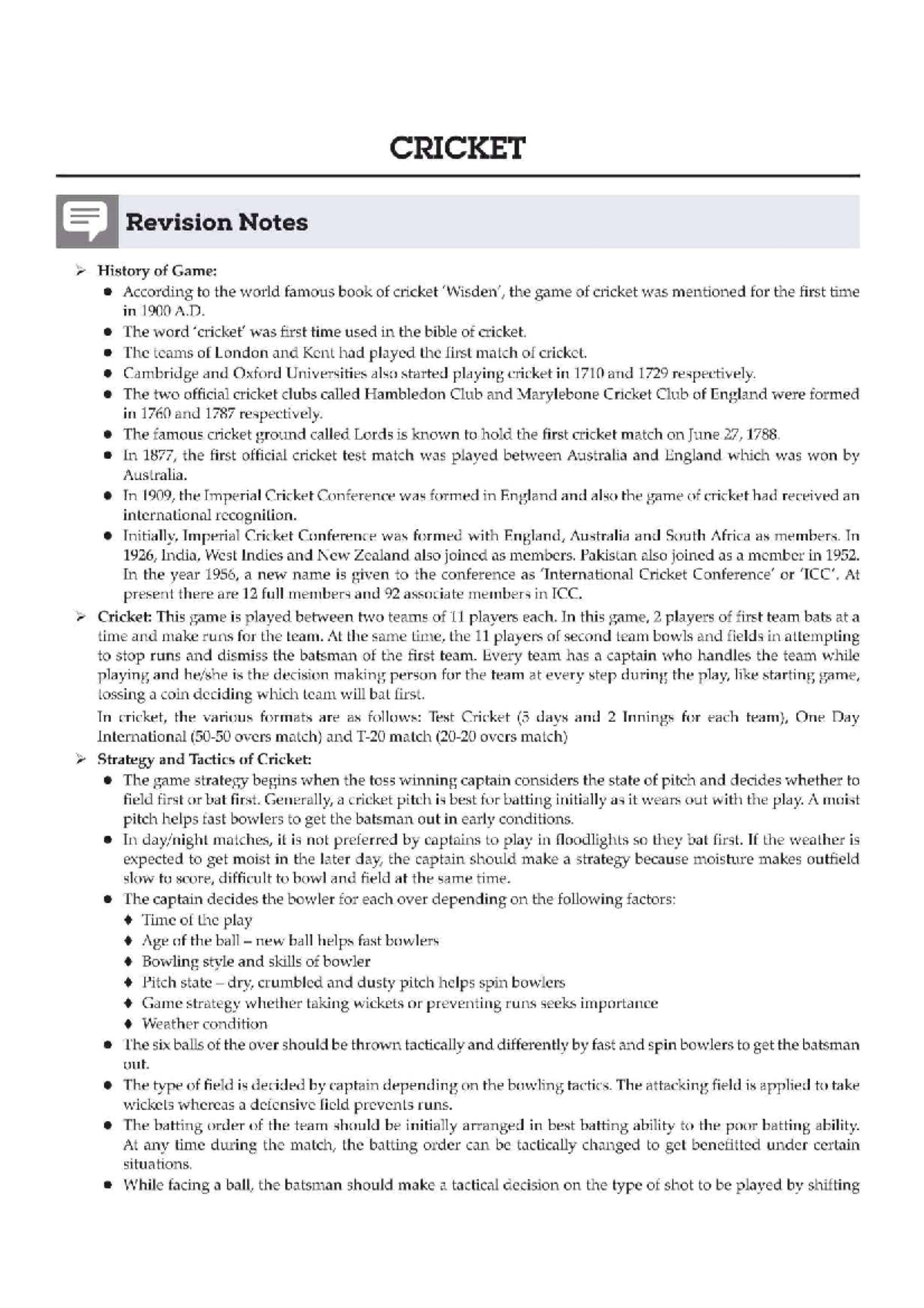 P.ED (Part B) Revision Notes: History and Strategies of Cricket - Studocu