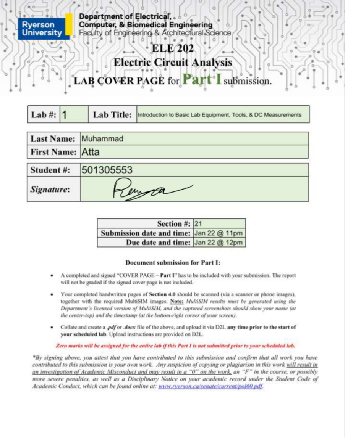 ELE202 Pre-Lab #1 - Introduction to MultiSIM and Resistor Color Codes ...