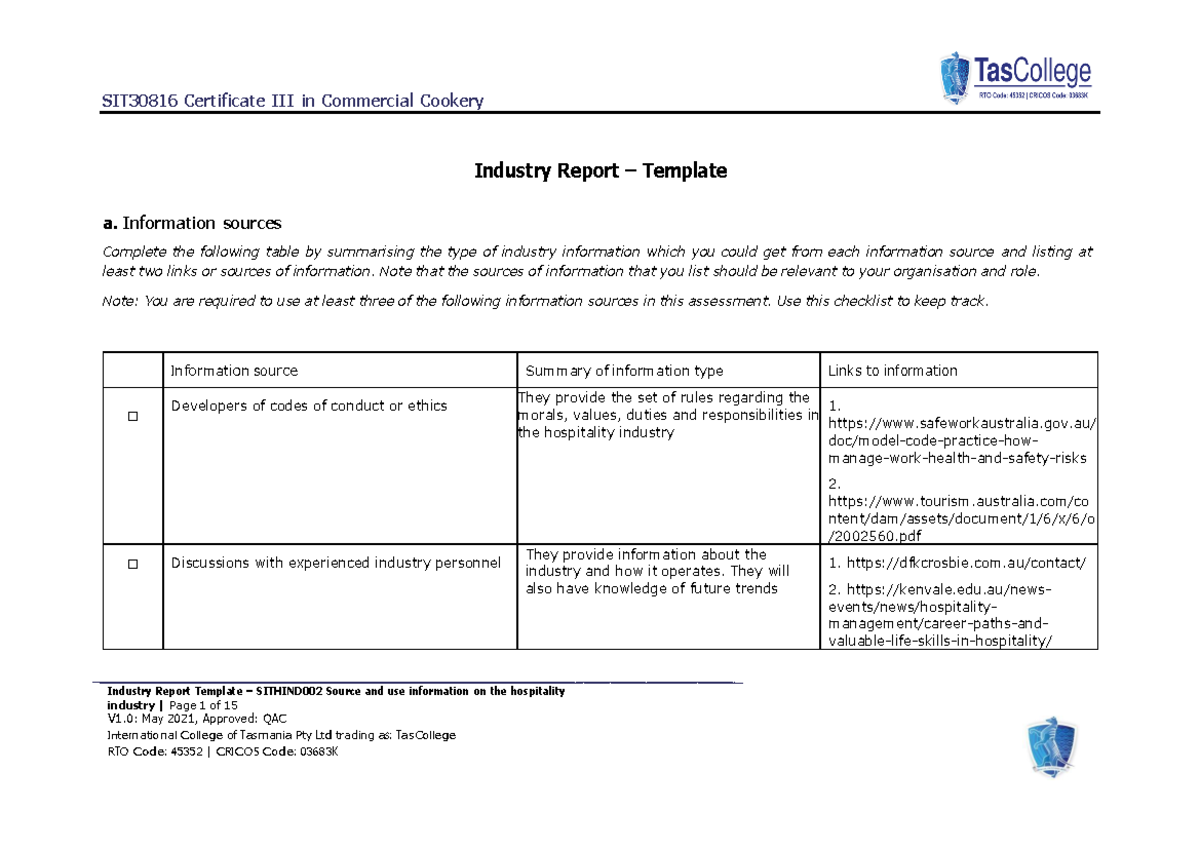 SITHIND002 Comprehensive Industry Report on the Hospitality Sector ...