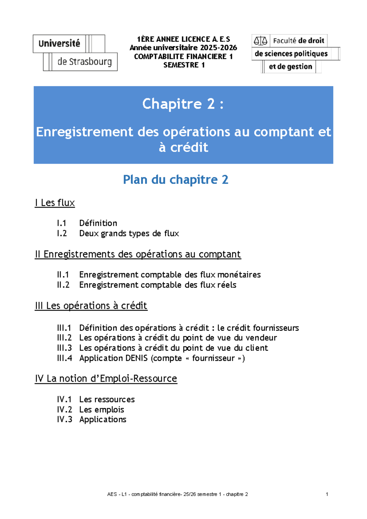AES L1 Comptabilité Semestre 1 - Chapitre 2 : Opérations au Comptant et ...