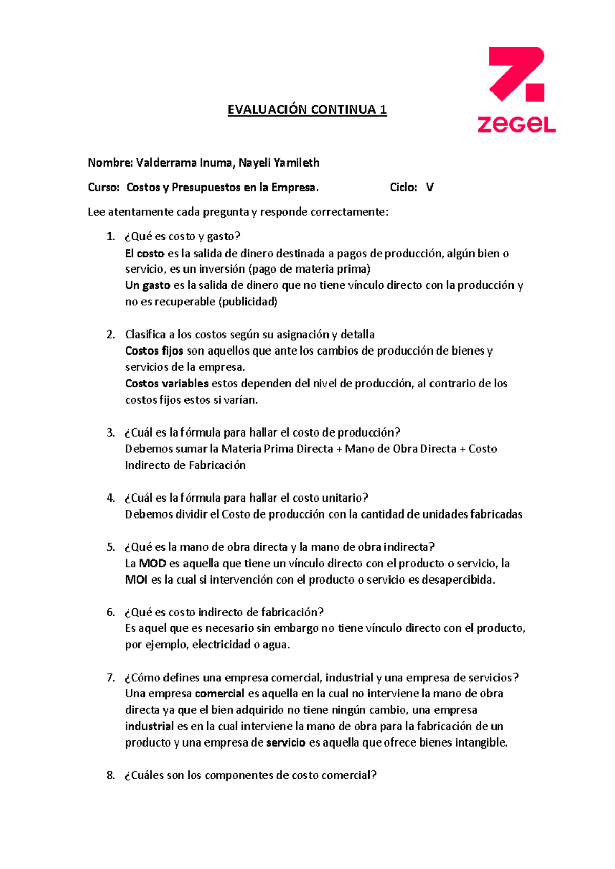 Costos y Presupuestos en la Empresa - Informe de Evaluación 1 - Studocu