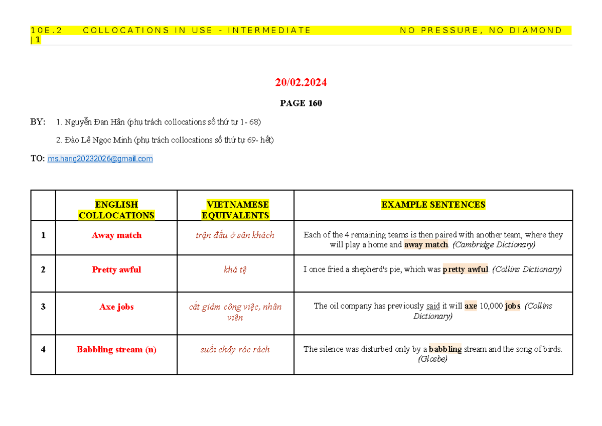 COLLOCATIONS IN USE - INTERMEDIATE (10E.2) - PAGE 160 - Studocu