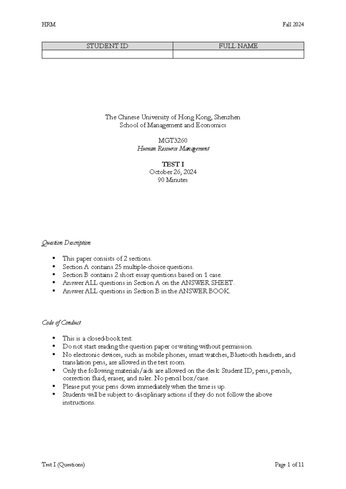 [HRM] [Test I] Comprehensive Question Set and Essay Insights - Studocu