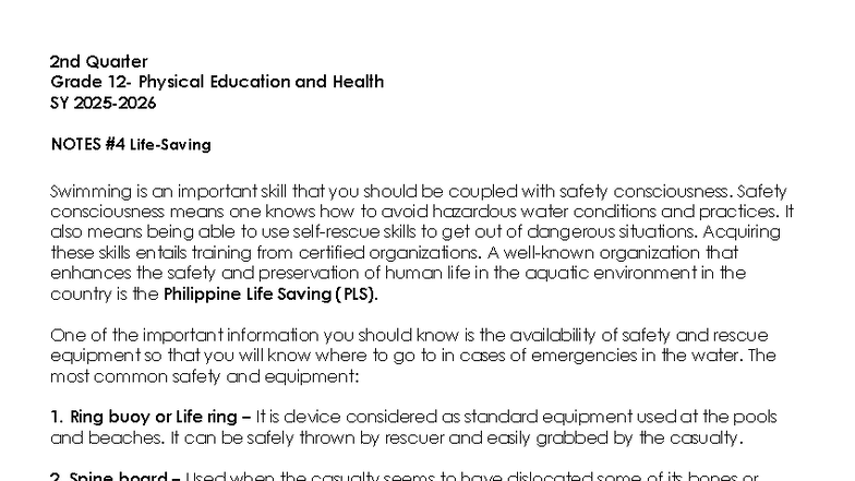 PEH 2nd Quarter Notes: Swimming Safety & Rescue Techniques - Studocu