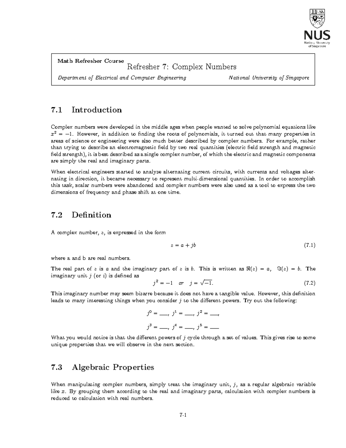 Lecture 7: Complex Numbers - A Comprehensive Overview for ECE Students ...