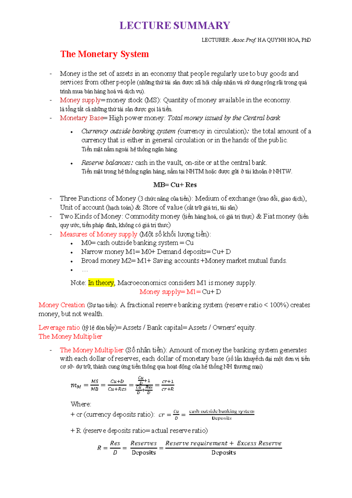 LECTURE SUMMARY: The Monetary System (Course Code: 8.8.0) - Studocu