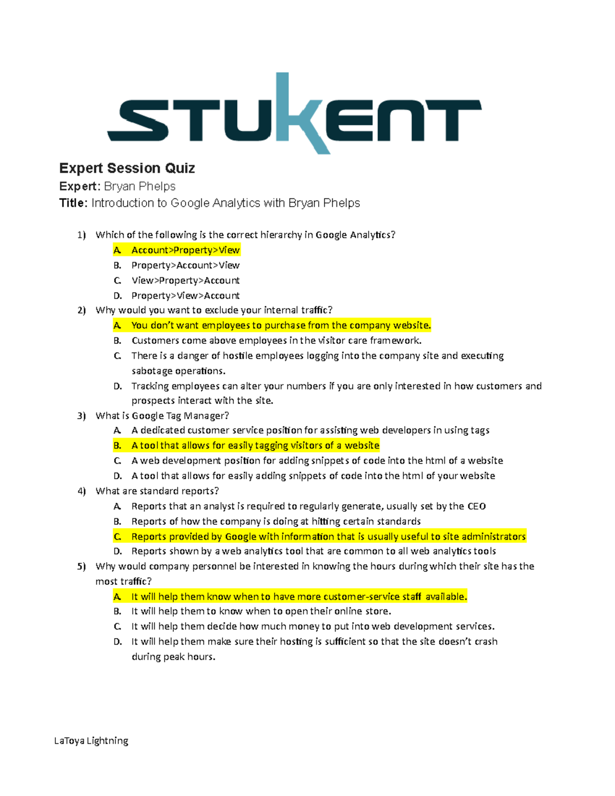Expert Sessions Quiz: Intro to Google Analytics (Bryan Phelps) - Studocu