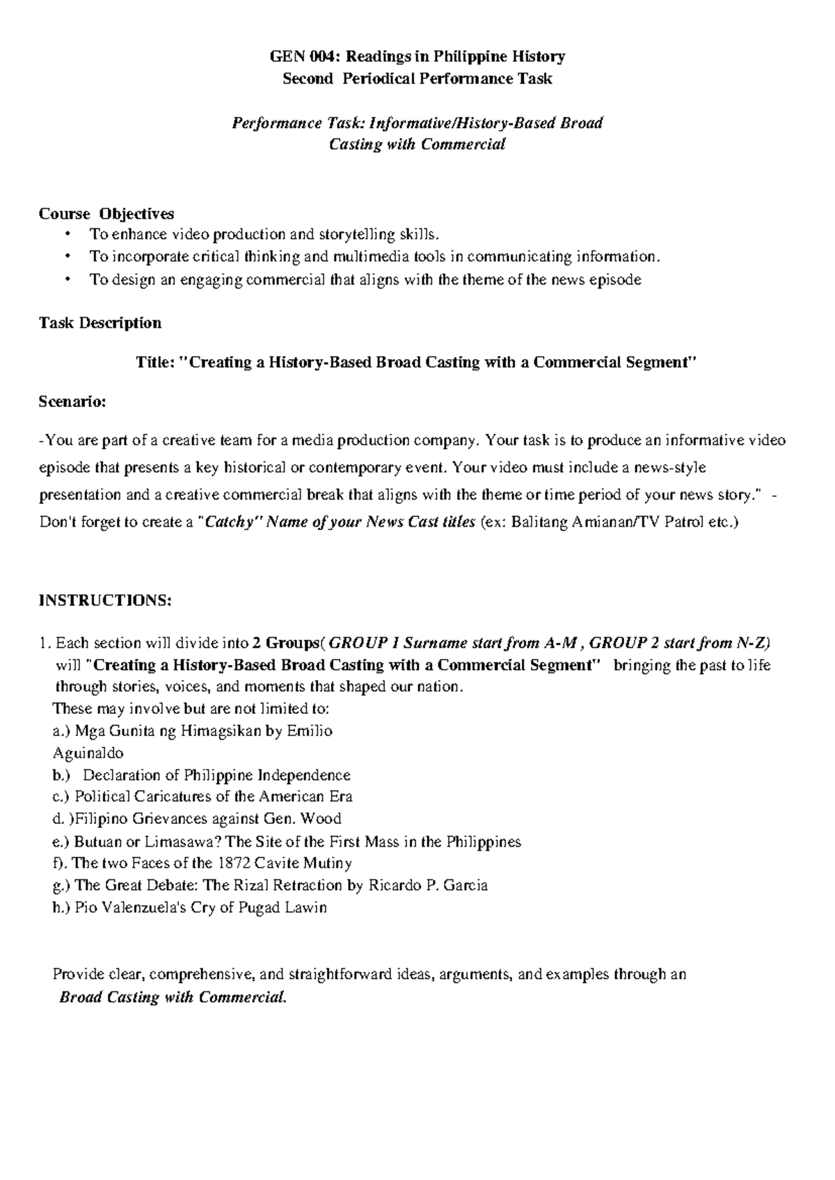GEN 004: Second Periodical Performance Task in Broadcasting - Studocu