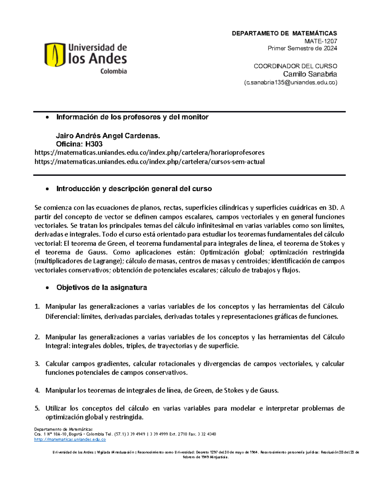 Programa MATE-1207: Cálculo Vectorial - Primer Semestre 2024 - Document Preview