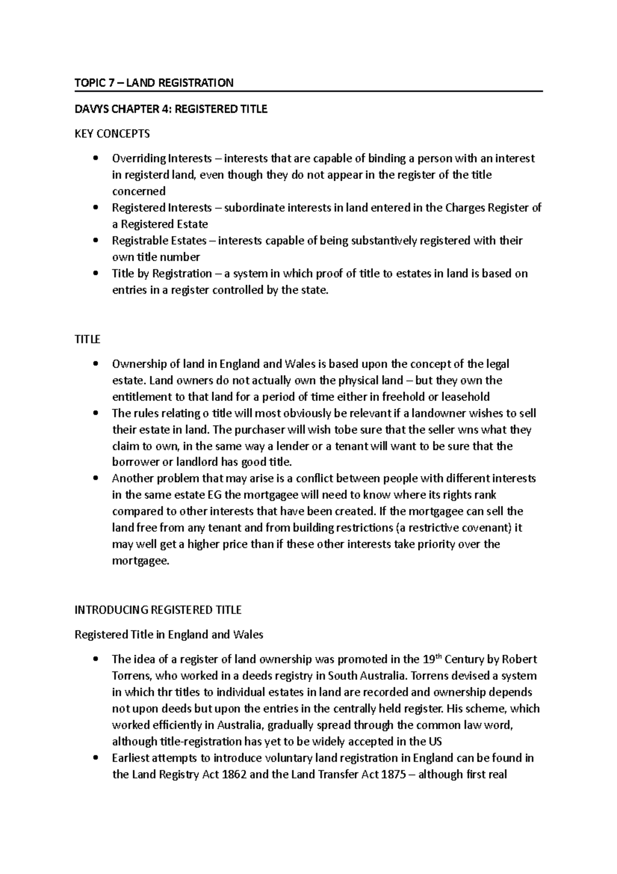 Topic 7 Reading - Land Registration and Key Concepts in Land Law - Studocu