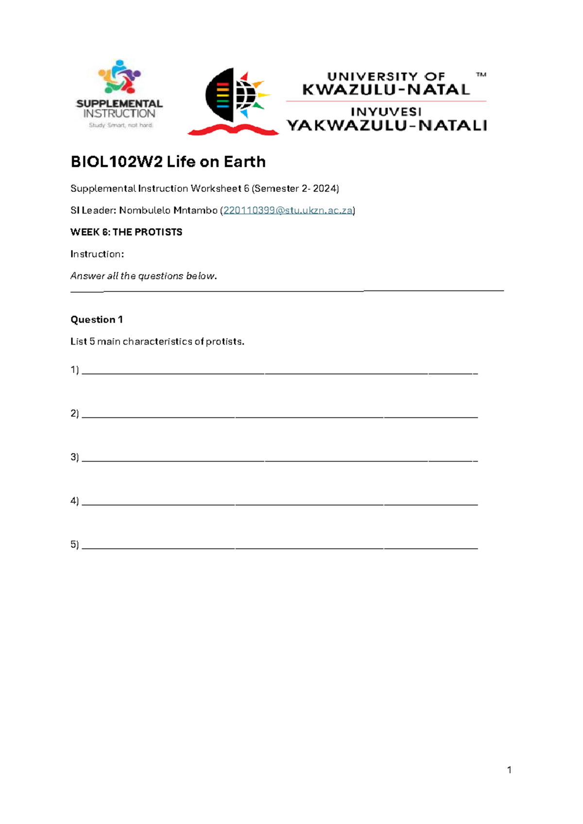 BIOL102W2 Life on Earth SI Worksheet 6: The Protists (2024) - Studocu