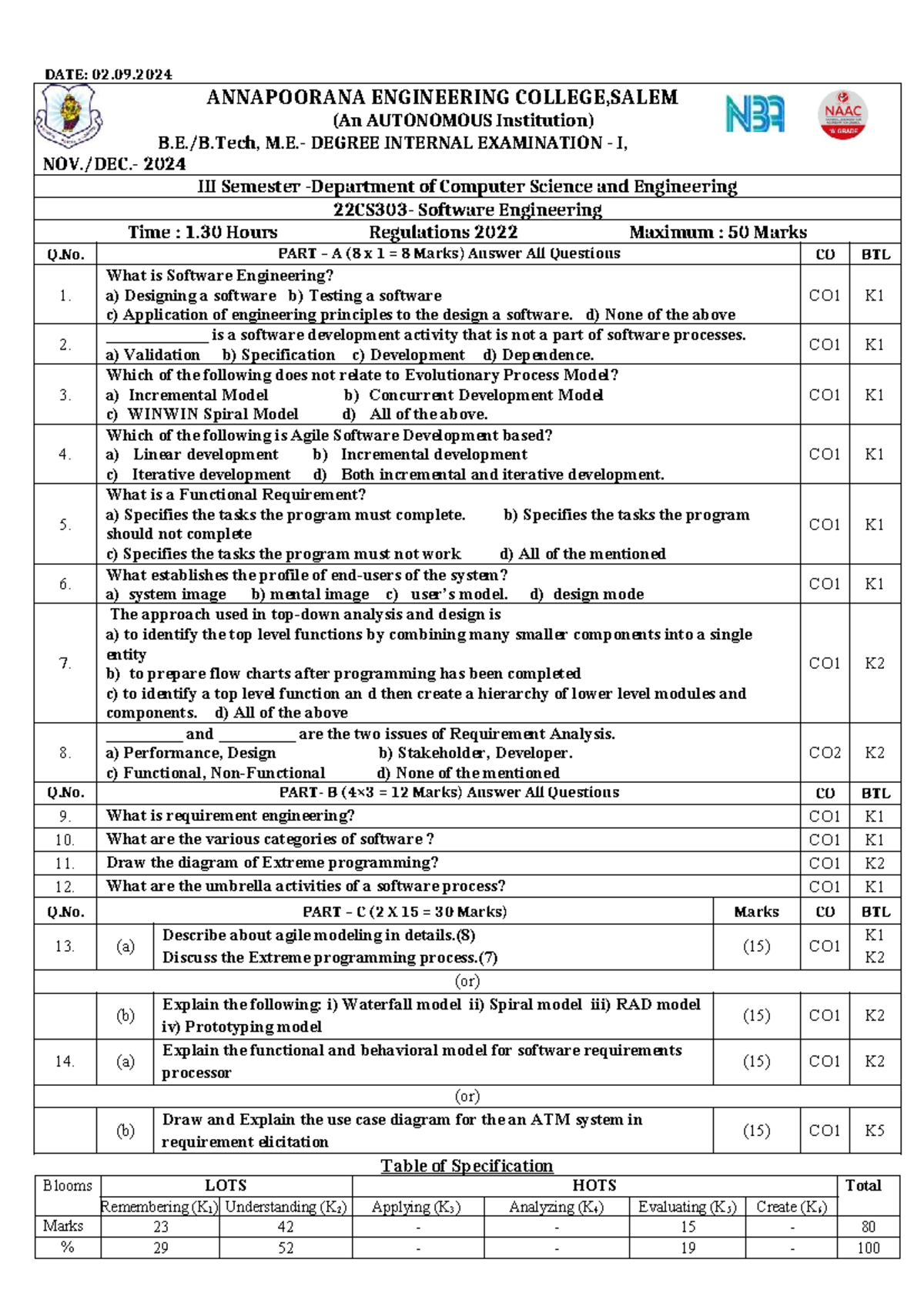 SE Internal Exam I, 2024 - Software Engineering QP - Studocu
