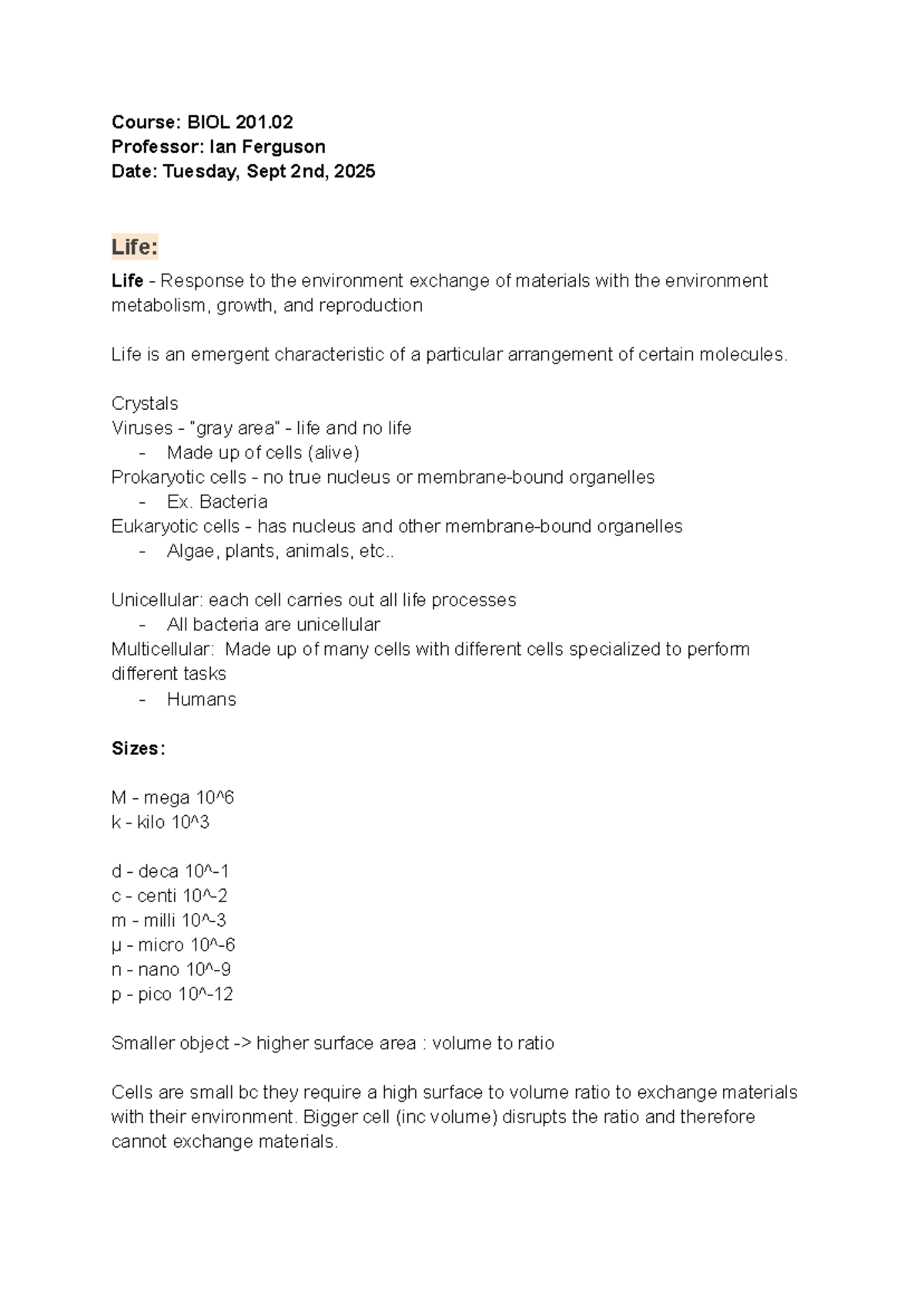 BIOL 201.02 Lecture 01: Prokaryotic and Eukaryotic Cells Overview - Studocu