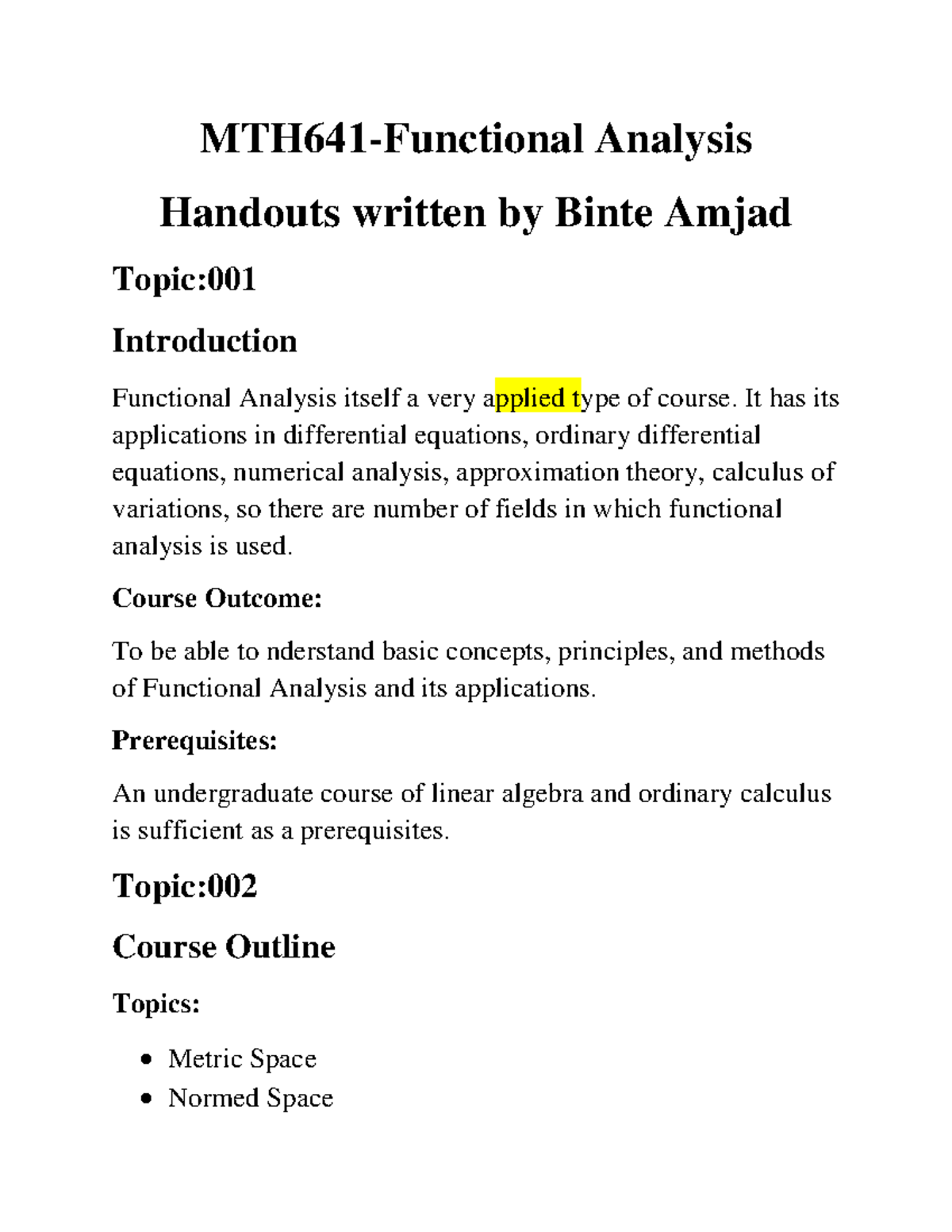 MTH641 Functional Analysis Handouts: Key Concepts & Examples - Studocu