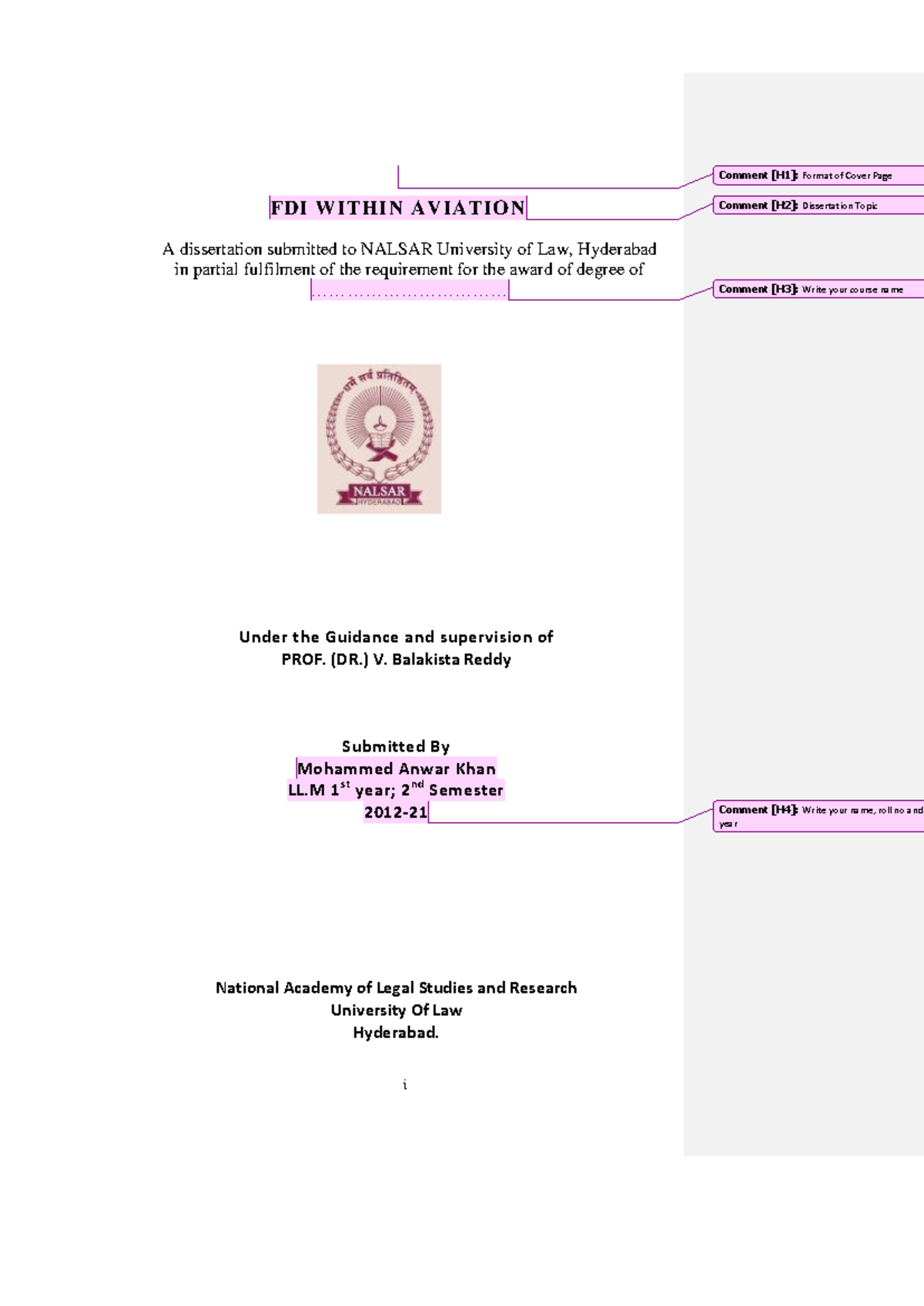 Dissertation Format for FDI in Aviation - NALSAR University of Law ...