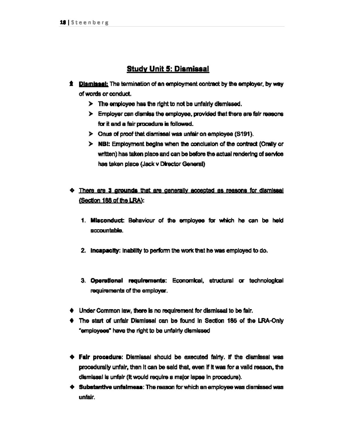 Iuri 222 Study Unit 5: Understanding Dismissal in Employment Law - Studocu