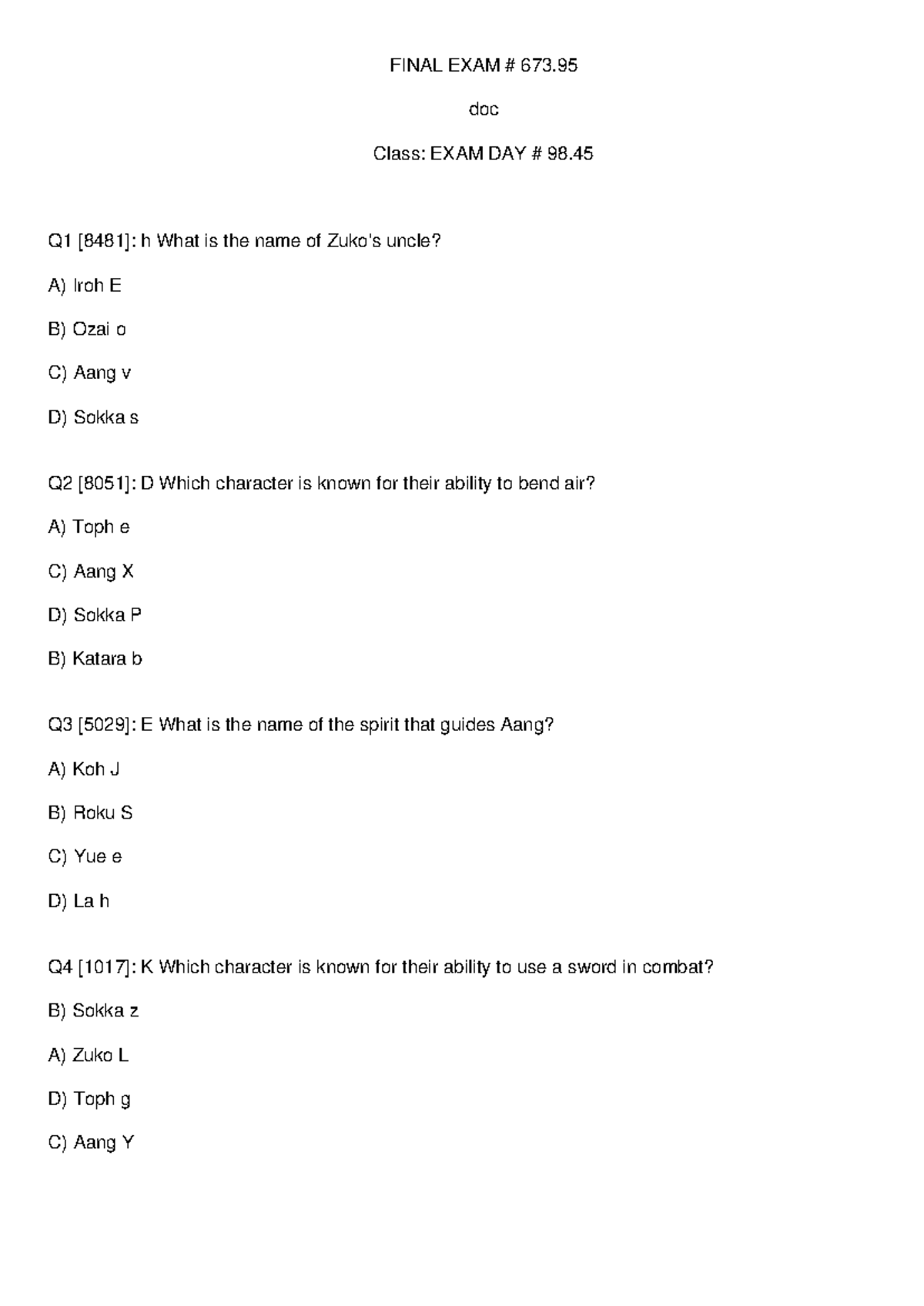 ENGL433120 Final Exam Review: Avatar Series Character Questions - Studocu