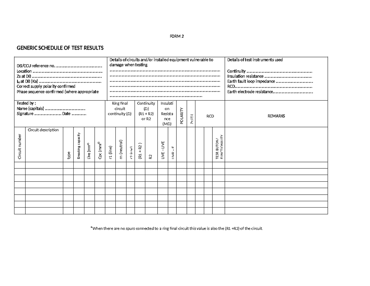 Blank Niceic Test Sheets