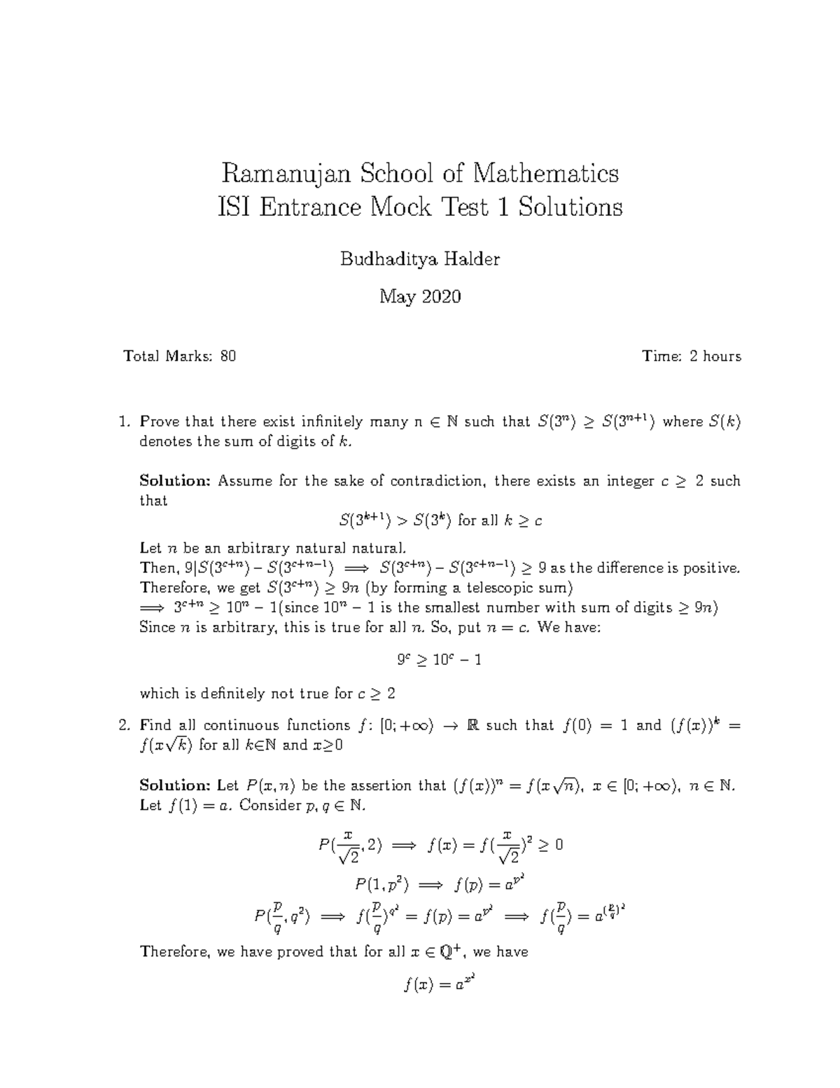 ISI Entrance Mock Test 1 Solutions - Ramanujan School of Mathematics ...