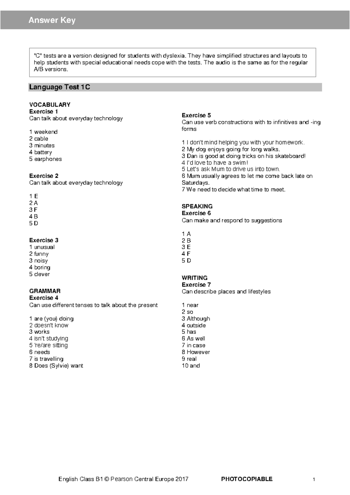 ECB1 C Language Test Answer Key - Angielski Sprawdzian - Studocu
