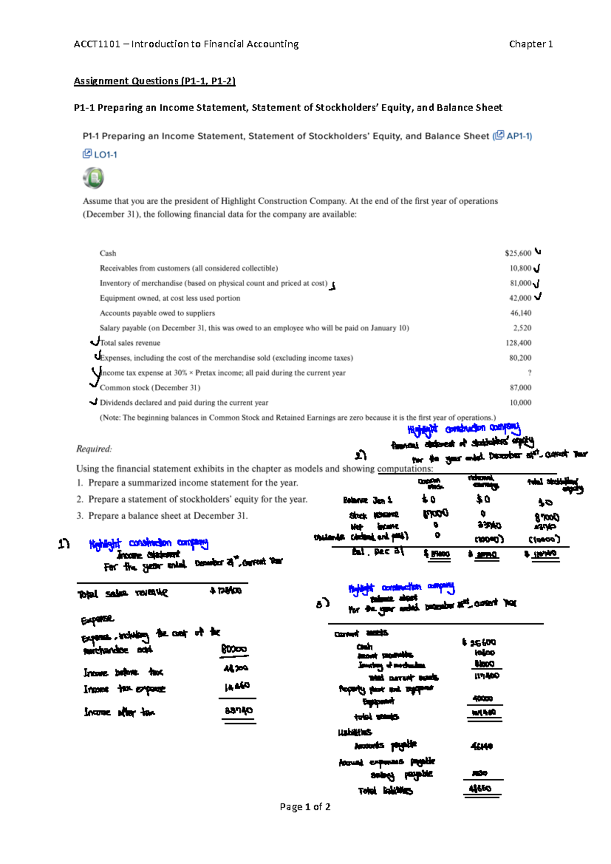 ACCT1101 Ch. 1 Assignment Questions on Financial Statements - Studocu