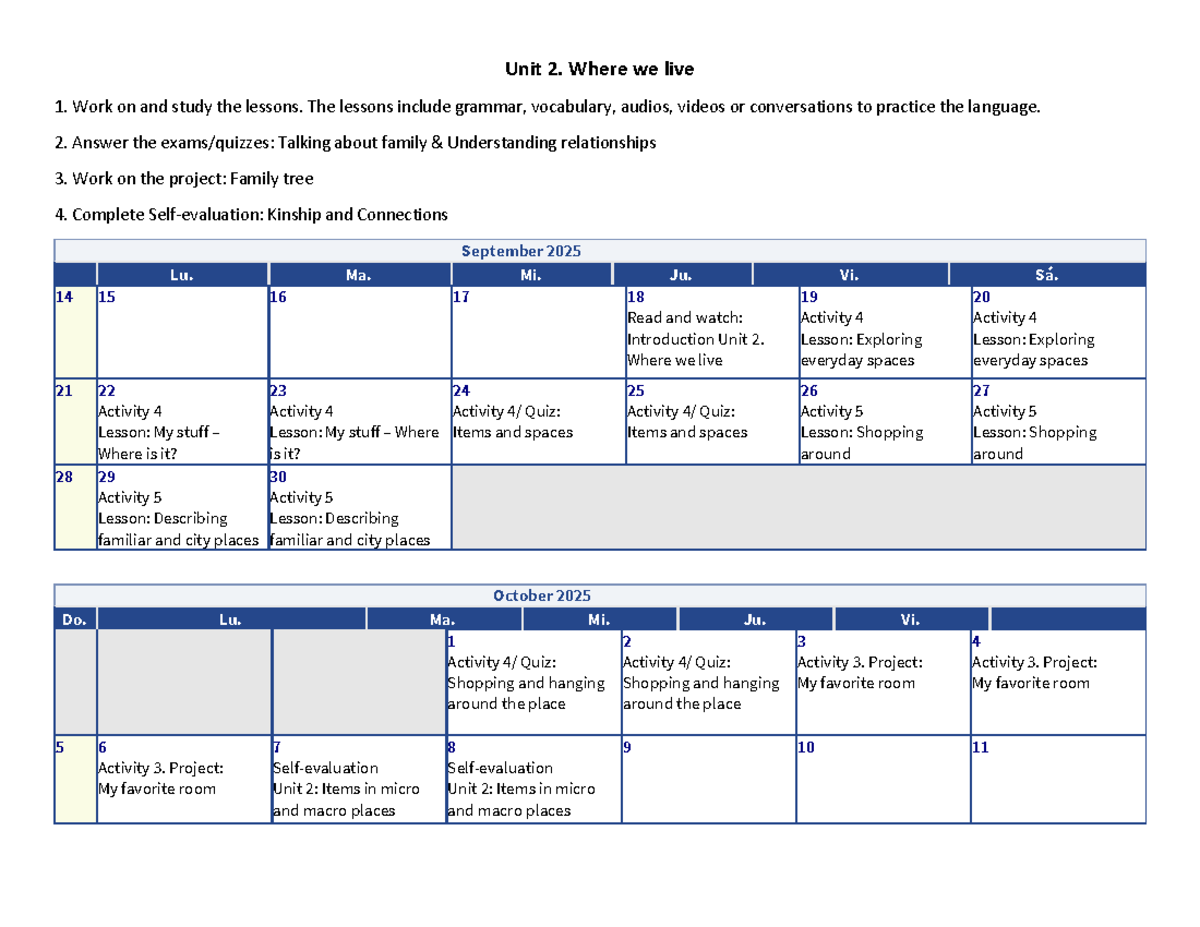 Unit 2: Where We Live - Lesson Plans & Activities Calendar - Studocu