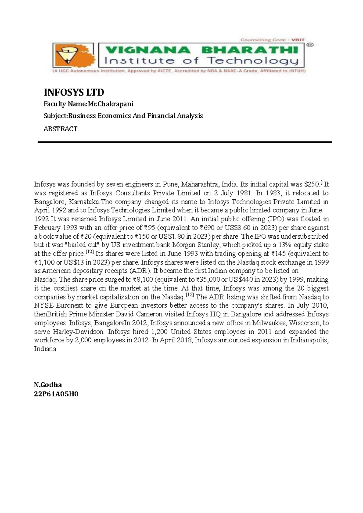 INFOSYS LTD: Business Economics & Financial Analysis Overview - Studocu