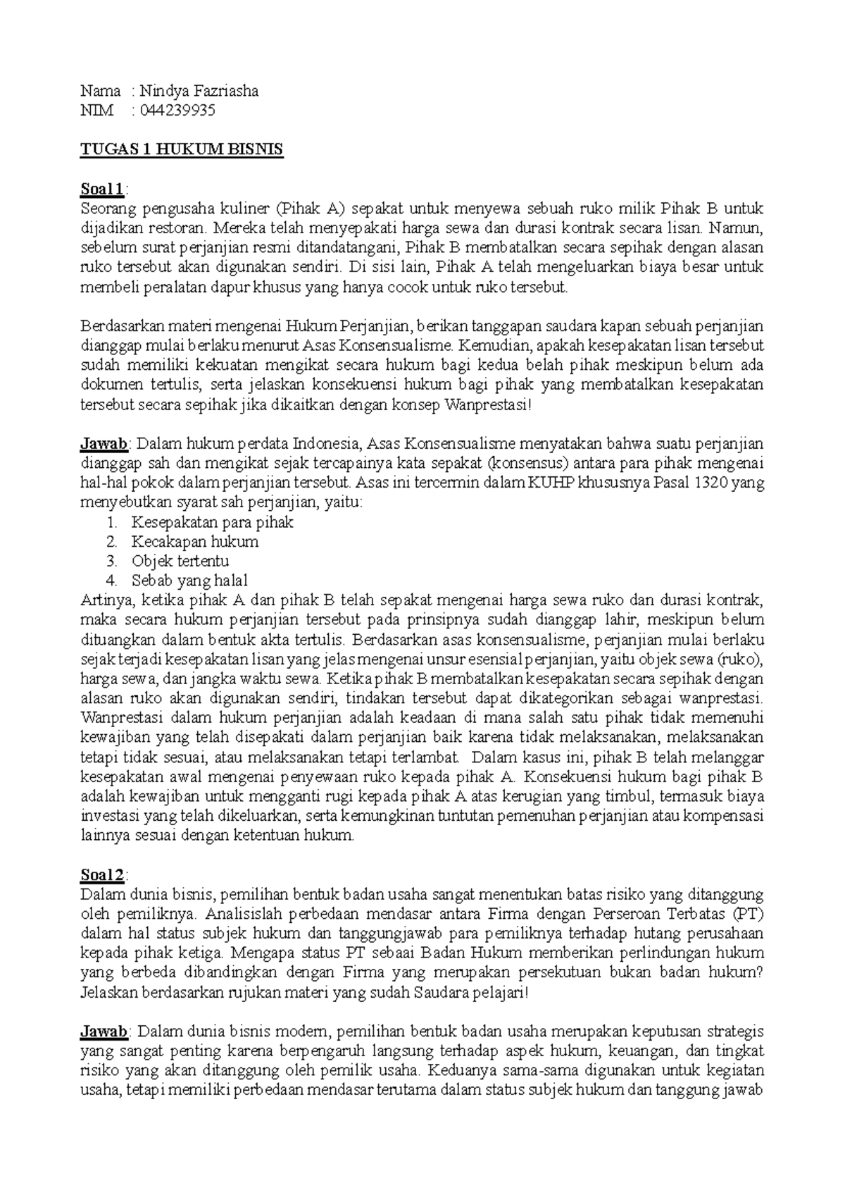 Tugas 1 Hukum Bisnis: Analisis Perjanjian dan Bentuk Badan Usaha - Document Preview
