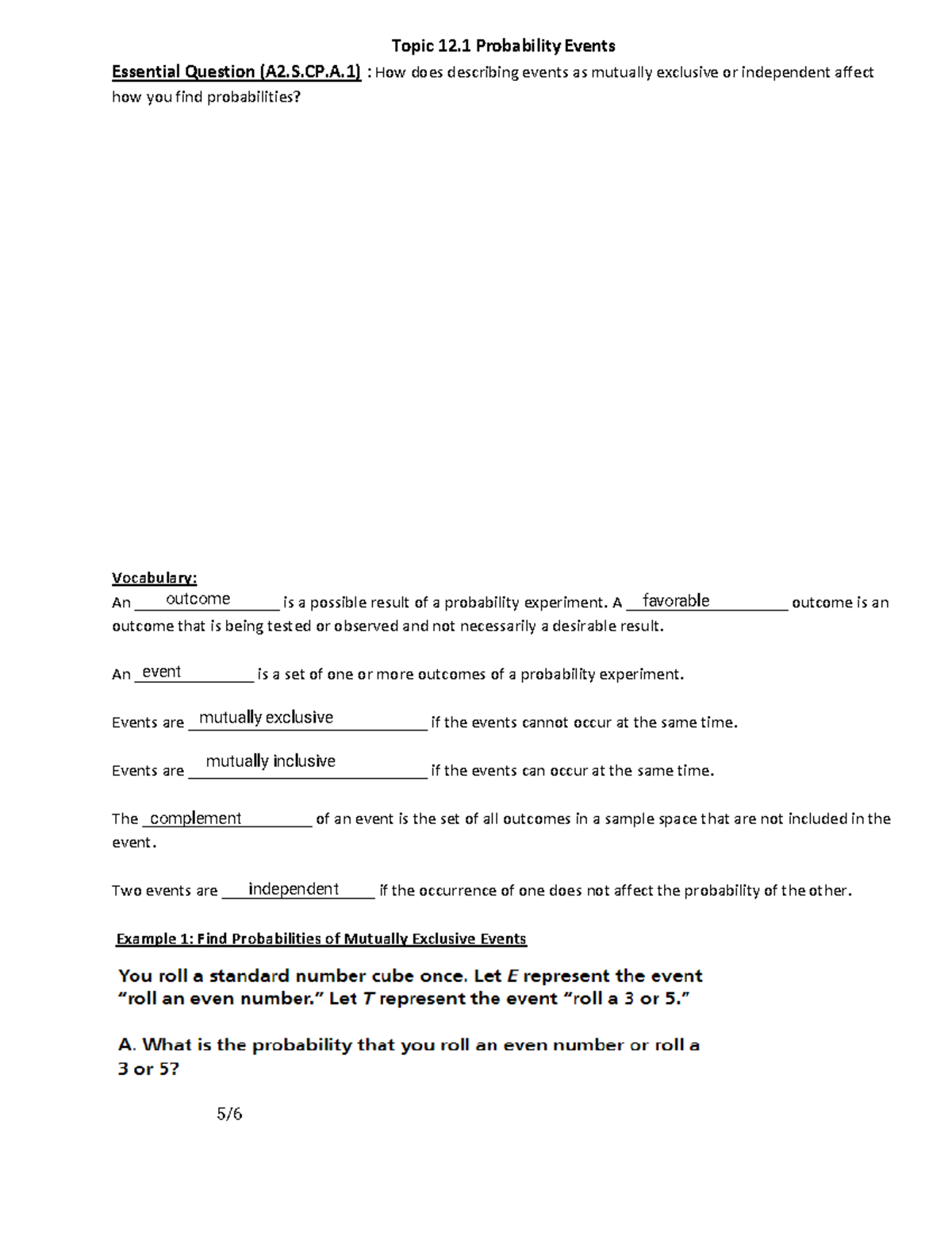 Probability Events (A2.S.CP.A) - Understanding Mutually Exclusive ...