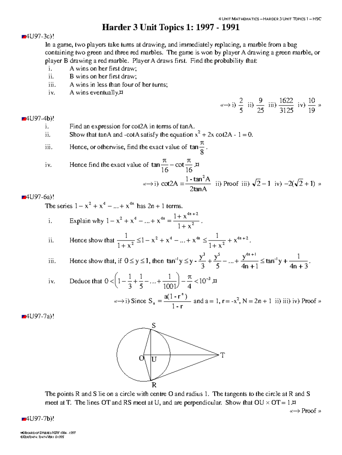 Harder 3 Unit Mathematics Past HSC Questions (1984-1997) - Studocu