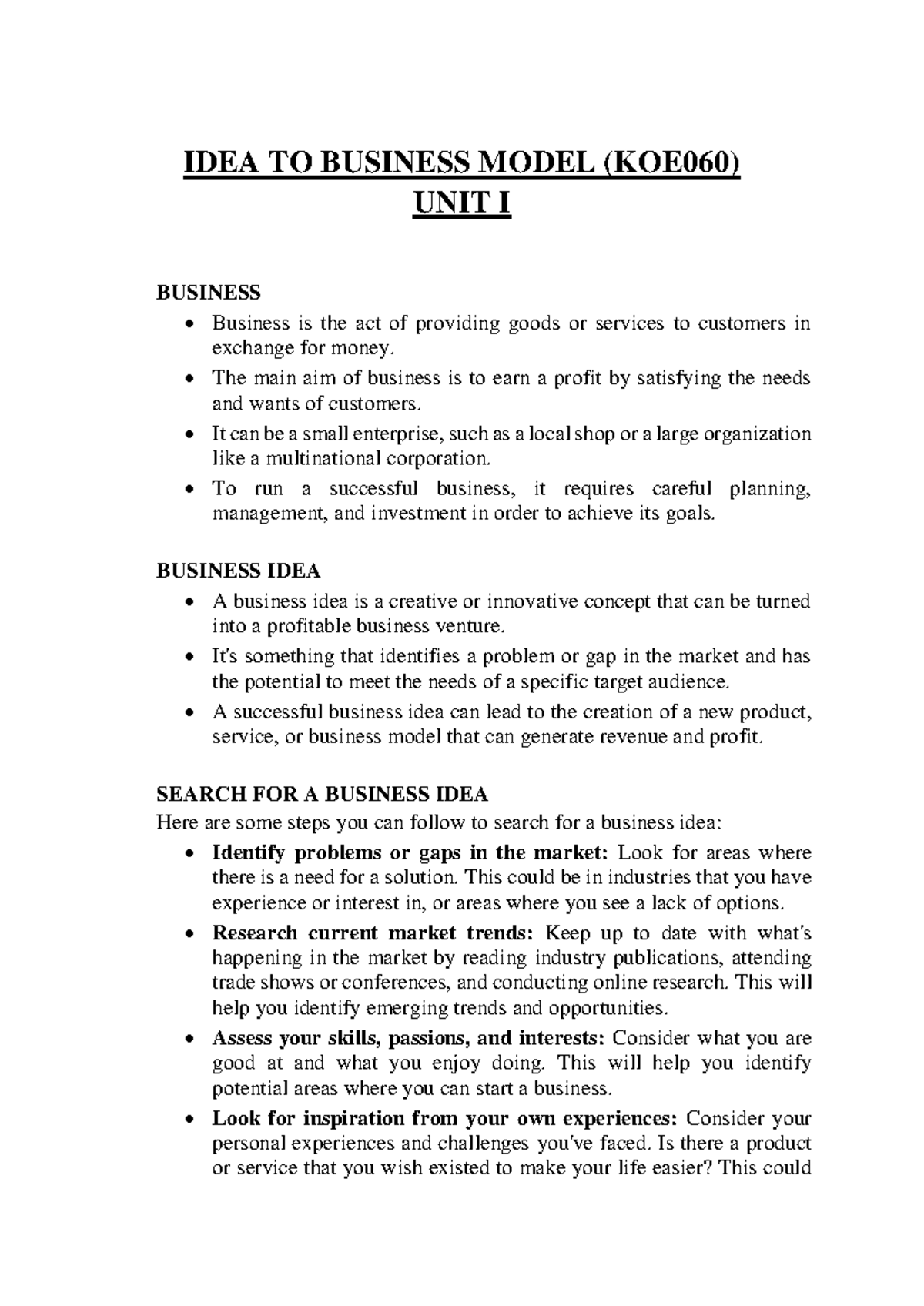 IDEA TO BUSINESS MODEL (KOE060) UNIT I: Exploring Business Concepts ...