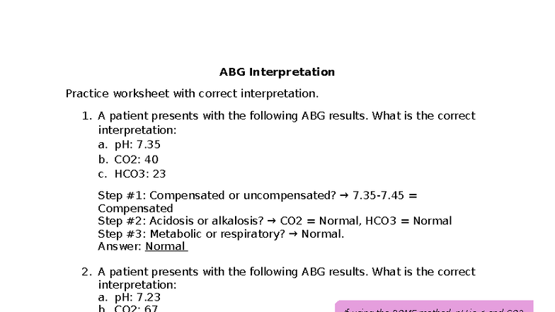 ABG Interpretations Worksheet: Practice & Correct Analysis - Studocu
