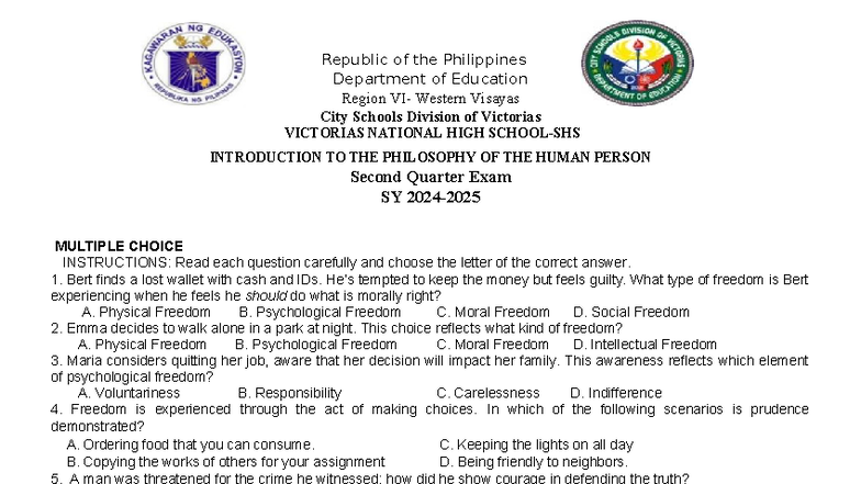Philosophy of the Human Person (PHILO 2) Second Quarter Exam 2024 - Studocu