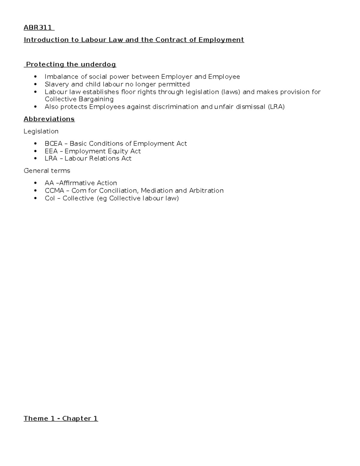 ABR311 Final Exam Notes: Labour Law Themes 1, 2, 3 & 5 - Studocu