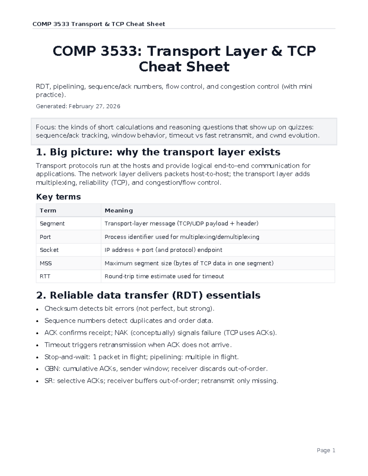 COMP 3533: TCP Transport Layer Cheat Sheet for Quizzes - Studocu