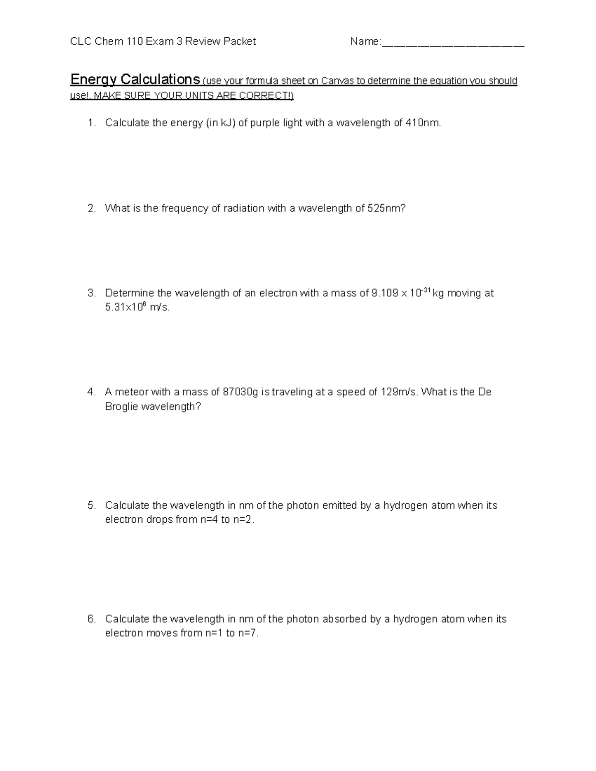 CLC Chem 110 Exam 3 Review Packet - Studocu
