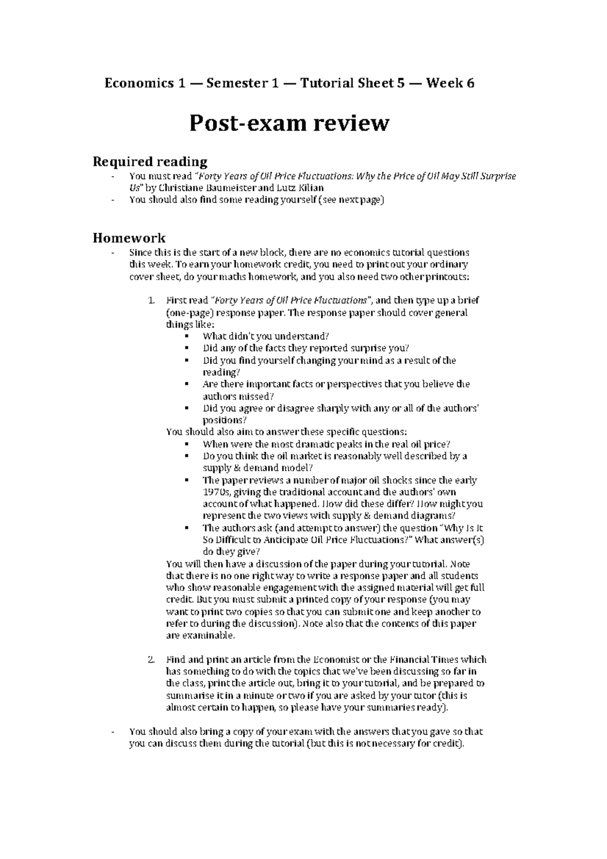 Econ 1 – S1 – W6 – Solutions - Economics 1 Semester 1 Tutorial Sheet 5 ...