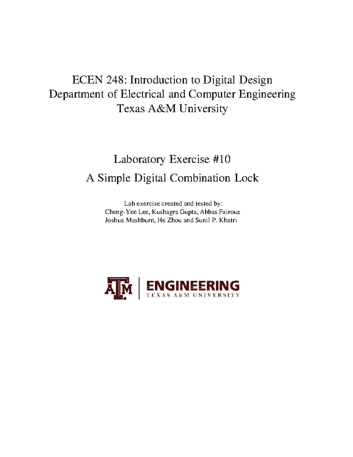 ECEN 248: Lab Exercise on Designing a Digital Combination Lock - Studocu