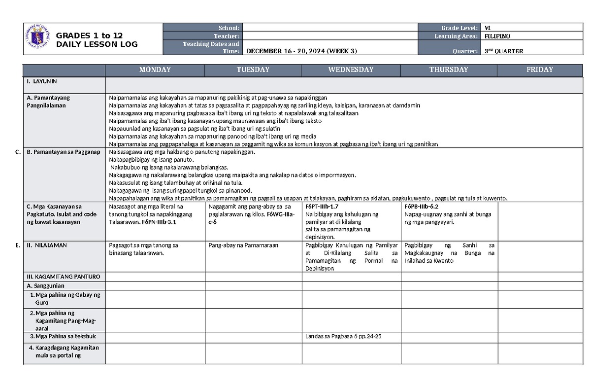 DLL Filipino 6 Q3 W3 for upload - GRADES 1 to 12 DAILY LESSON LOG ...